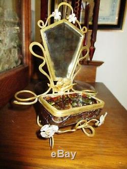 Art Nouveau Victorian Loetz Glass Ormolu Perfume Bottle Trinket Casket Mirror