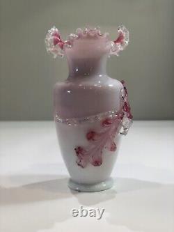 Art Nouveau Victorian Pink White Cased Uranium Glass Vase Applied Acorns 9 1/2