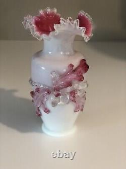 Art Nouveau Victorian Pink White Cased Uranium Glass Vase Applied Acorns 9 1/2