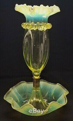 Art glass EPERGNE, opalescent vaseline glass, rigaree scrolled band, c1900, 11t