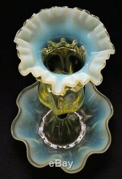 Art glass EPERGNE, opalescent vaseline glass, rigaree scrolled band, c1900, 11t