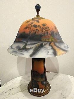 Art glass reverse Painted Antique table lamp Winter Farm Scene lighted base