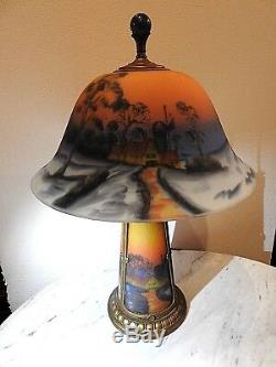 Art glass reverse Painted Antique table lamp Winter Farm Scene lighted base