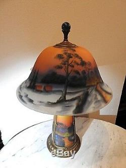 Art glass reverse Painted Antique table lamp Winter Farm Scene lighted base