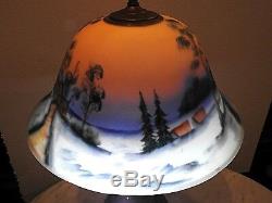 Art glass reverse Painted Antique table lamp Winter Farm Scene lighted base