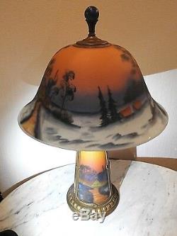 Art glass reverse Painted Antique table lamp Winter Farm Scene lighted base