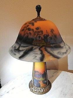 Art glass reverse Painted Antique table lamp Winter Farm Scene lighted base