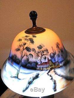 Art glass reverse Painted Antique table lamp Winter Farm Scene lighted base