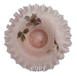 Art nouveau Ruffled Crimped Bride's Basket Bowl pink enameled Glass victorian