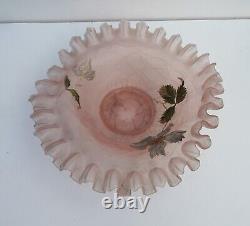 Art nouveau Ruffled Crimped Bride's Basket Bowl pink enameled Glass victorian