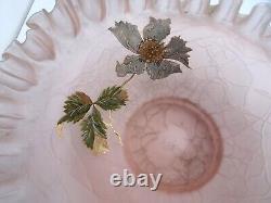 Art nouveau Ruffled Crimped Bride's Basket Bowl pink enameled Glass victorian