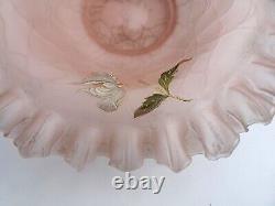 Art nouveau Ruffled Crimped Bride's Basket Bowl pink enameled Glass victorian