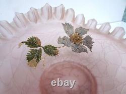 Art nouveau Ruffled Crimped Bride's Basket Bowl pink enameled Glass victorian