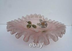 Art nouveau Ruffled Crimped Bride's Basket Bowl pink enameled Glass victorian