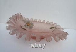 Art nouveau Ruffled Crimped Bride's Basket Bowl pink enameled Glass victorian