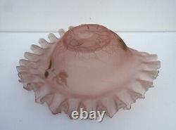 Art nouveau Ruffled Crimped Bride's Basket Bowl pink enameled Glass victorian