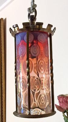 Arts & Crafts Brass Victorian Cranberry Opalescent Glass Lamp Glass Lantern