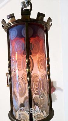 Arts & Crafts Brass Victorian Cranberry Opalescent Glass Lamp Glass Lantern