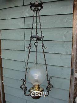 Arts & Crafts Hanging / Table Top Oil Lamp, Etched Satin Glass Globe Shade