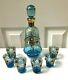 Atq Murano Venetian Blue/gold Hand Painted Jeweled Glass Decanter With 6 Cup Set