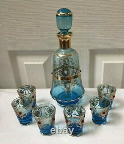 Atq MURANO VENETIAN Blue/Gold Hand Painted Jeweled GLASS Decanter with 6 Cup Set