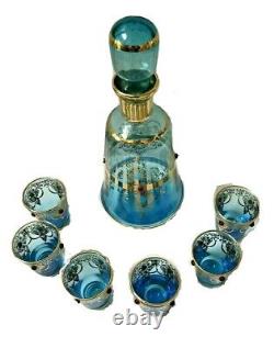 Atq MURANO VENETIAN Blue/Gold Hand Painted Jeweled GLASS Decanter with 6 Cup Set