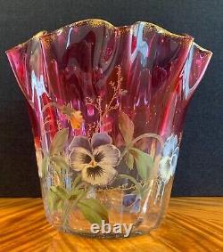 Authentic Antique Enamelled Cranberry Glass Handkerchief Vase, Perhaps Mont Joye