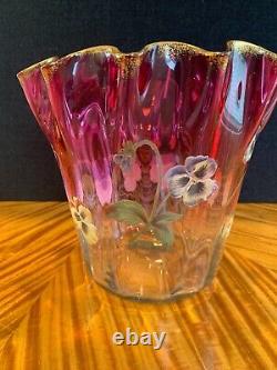 Authentic Antique Enamelled Cranberry Glass Handkerchief Vase, Perhaps Mont Joye