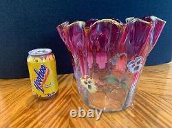 Authentic Antique Enamelled Cranberry Glass Handkerchief Vase, Perhaps Mont Joye