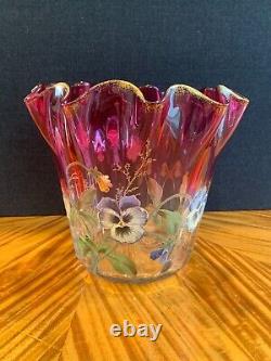 Authentic Antique Enamelled Cranberry Glass Handkerchief Vase, Perhaps Mont Joye