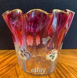 Authentic Antique Enamelled Cranberry Glass Handkerchief Vase, Perhaps Mont Joye