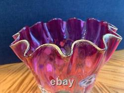 Authentic Antique Enamelled Cranberry Glass Handkerchief Vase, Perhaps Mont Joye