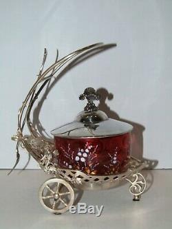 BEAUTIFUL Cherub wheeled cart with cupids CRANBERRY ENAMELED PICKLE CASTOR