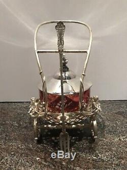 BEAUTIFUL Cherub wheeled cart with cupids CRANBERRY ENAMELED PICKLE CASTOR