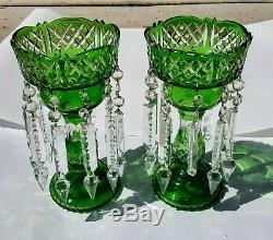 BEAUTIFUL PAIR EMERALD GREEN ANTIQUE BOHEMIAN CUT GLASS MANTLE LUSTERS With PRISMS