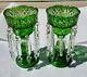 Beautiful Pair Emerald Green Antique Bohemian Cut Glass Mantle Lusters With Prisms