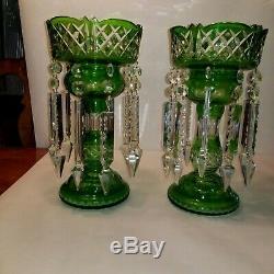 BEAUTIFUL PAIR EMERALD GREEN ANTIQUE BOHEMIAN CUT GLASS MANTLE LUSTERS With PRISMS