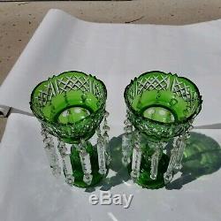 BEAUTIFUL PAIR EMERALD GREEN ANTIQUE BOHEMIAN CUT GLASS MANTLE LUSTERS With PRISMS