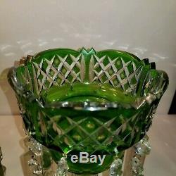 BEAUTIFUL PAIR EMERALD GREEN ANTIQUE BOHEMIAN CUT GLASS MANTLE LUSTERS With PRISMS