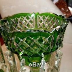 BEAUTIFUL PAIR EMERALD GREEN ANTIQUE BOHEMIAN CUT GLASS MANTLE LUSTERS With PRISMS