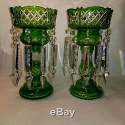 BEAUTIFUL PAIR EMERALD GREEN ANTIQUE BOHEMIAN CUT GLASS MANTLE LUSTERS With PRISMS