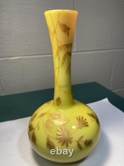 BEAUTIFULL HARRACH NUMBERED GOLD ENAMELED YELLOW PINK CASED GLASS VASE c1890s BEAUTIFULL HARRACH NUMBERED GOLD ENAMELED YELLOW PINK CASED GLASS VASE c1890s
