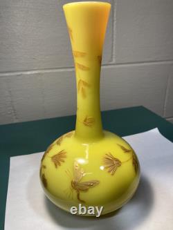 BEAUTIFULL HARRACH NUMBERED GOLD ENAMELED YELLOW PINK CASED GLASS VASE c1890s BEAUTIFULL HARRACH NUMBERED GOLD ENAMELED YELLOW PINK CASED GLASS VASE c1890s