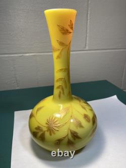 BEAUTIFULL HARRACH NUMBERED GOLD ENAMELED YELLOW PINK CASED GLASS VASE c1890s BEAUTIFULL HARRACH NUMBERED GOLD ENAMELED YELLOW PINK CASED GLASS VASE c1890s