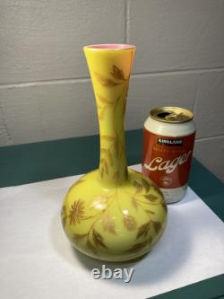 BEAUTIFULL HARRACH NUMBERED GOLD ENAMELED YELLOW PINK CASED GLASS VASE c1890s BEAUTIFULL HARRACH NUMBERED GOLD ENAMELED YELLOW PINK CASED GLASS VASE c1890s