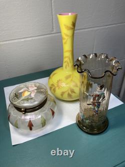 BEAUTIFULL HARRACH NUMBERED GOLD ENAMELED YELLOW PINK CASED GLASS VASE c1890s BEAUTIFULL HARRACH NUMBERED GOLD ENAMELED YELLOW PINK CASED GLASS VASE c1890s