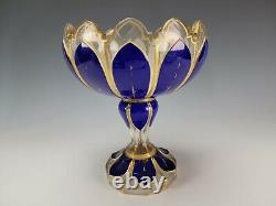 BIG Antique Bohemian Double Overlay Cobalt to White to Clear Art Glass Compote