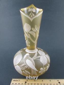 BIRD & CHERRY Blossoms CITRON Yellow Antique Florentine CAMEO art glass VASE