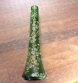 BOHEMIAN Green Hand Blown Enamel Flowers Cylindrical Vase ca. 1880-1900 Moser