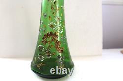 BOHEMIAN Green Hand Blown Enamel Flowers Cylindrical Vase ca. 1880-1900 Moser